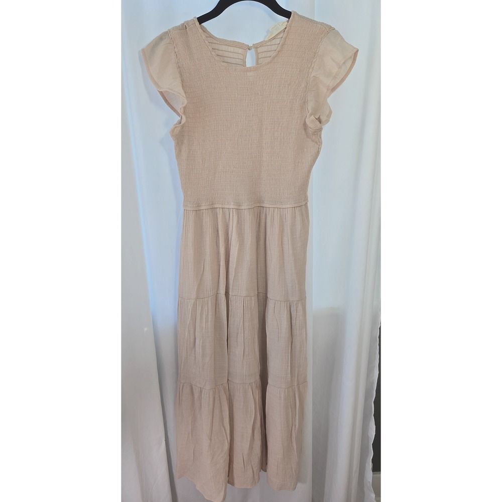 Womens Smocked Maxi Dress Tiered Size L Cottagecore Boho Feminine Prairie Flowy